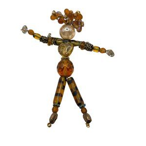 Handmade Beaded Folk Art Doll Brooch Pin Lampwork Glass Whimsical Dancing Figure